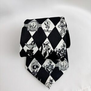 2/$20 Vintage 1997 Looney Tunes Fun Men Tie, Black & White Checkered, 56"x3.5